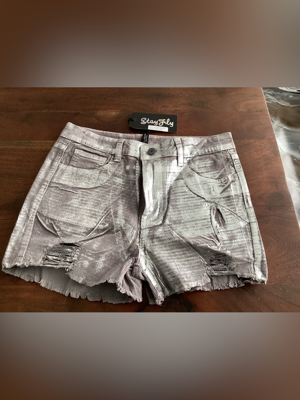 Stay Fly Metallic Silver Distressed Women's Jean Shorts - Size S - NWT